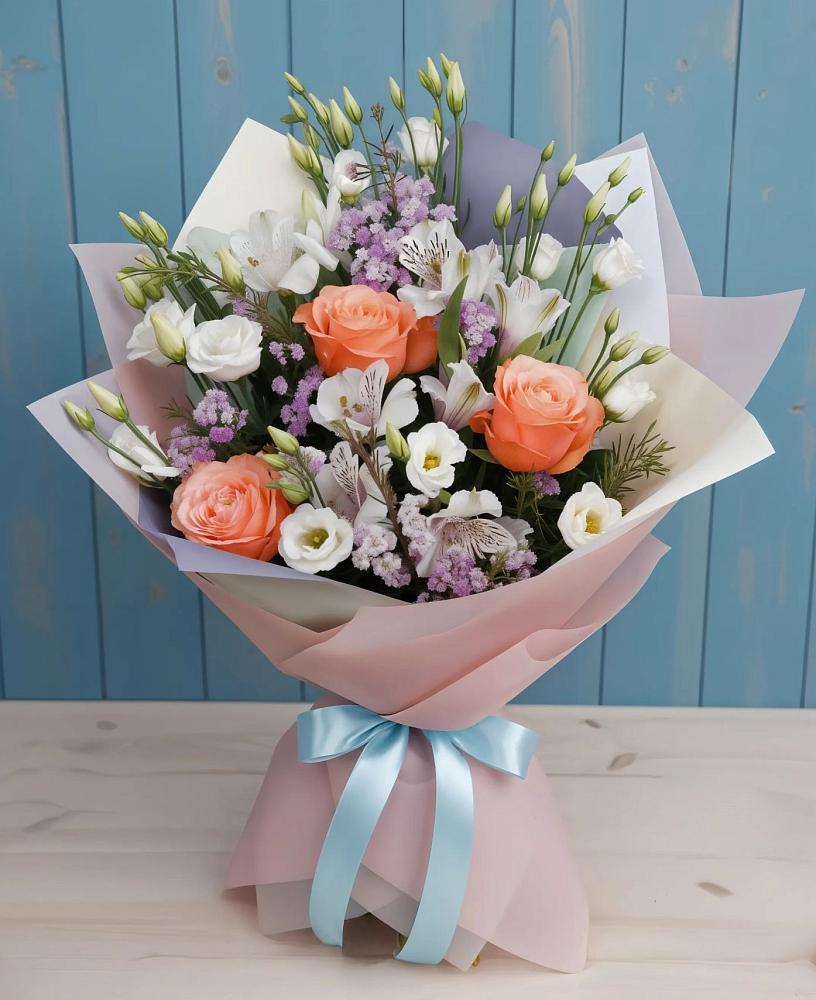 Букет цветов из: Лизиантусы, Розы, Альстромерии и Гипсофила в Николо-Урюпино